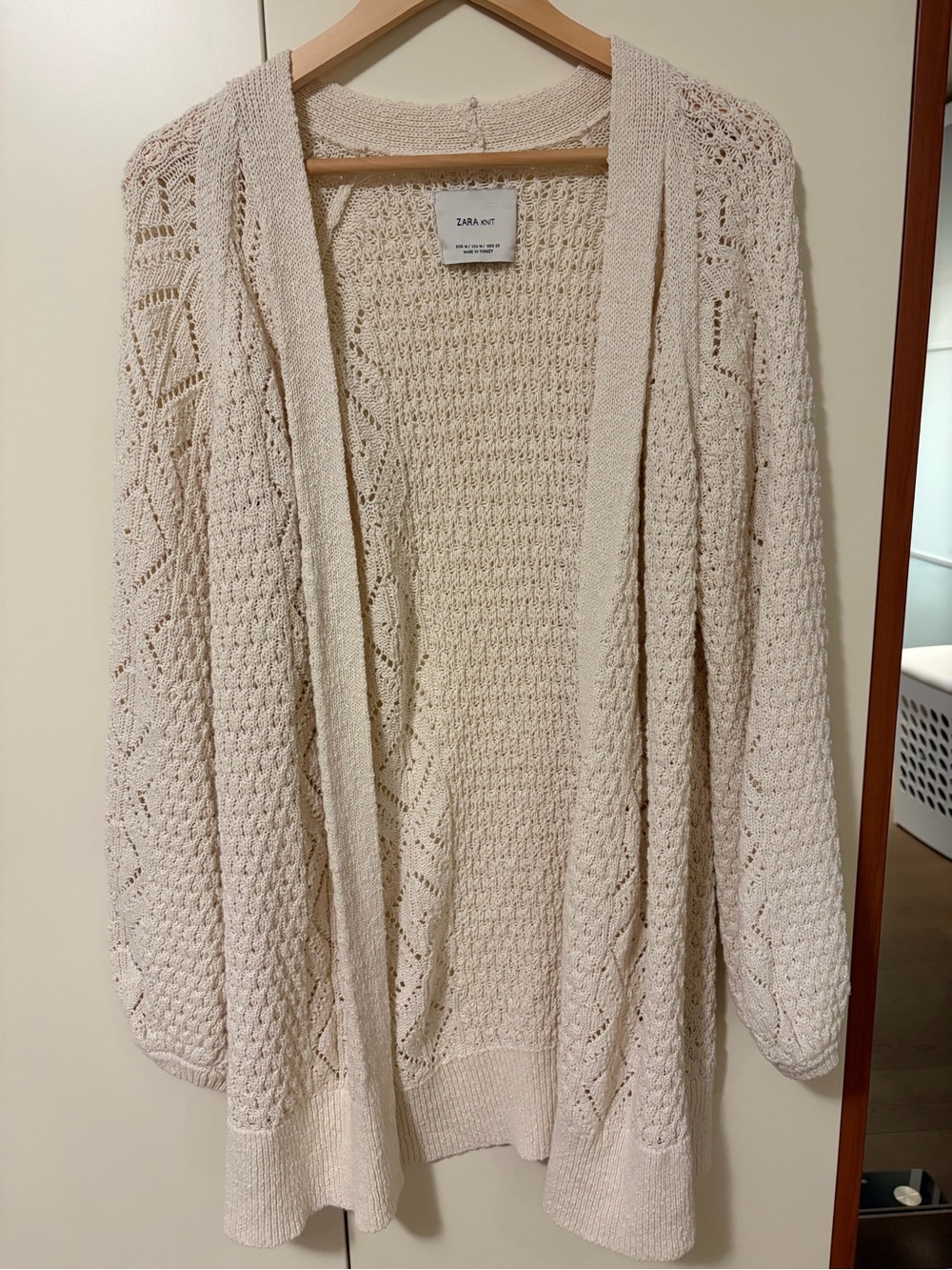 Zara Open-Front Crochet Knit Cardigan in Cream 100% Cotton
